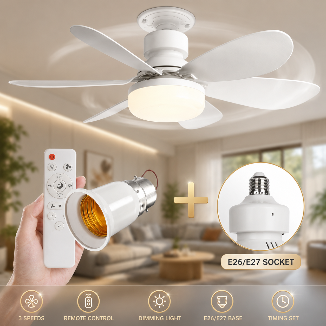 40W LED Ceiling Fan with Light & Remote — E27 Socket, 3 Speeds, Free B22 Converter