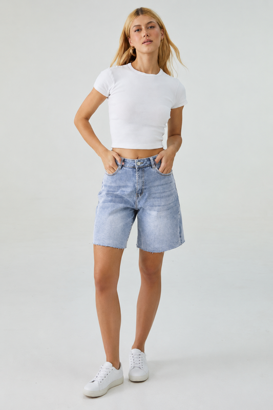 Baggy Bermuda Denim Shorts — Mid-Rise, Raw Hem, Vintage Fit