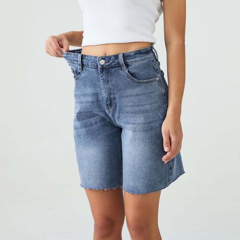 Baggy Bermuda Denim Shorts — Mid-Rise, Raw Hem, Vintage Fit