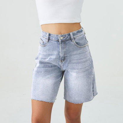 Baggy Bermuda Denim Shorts — Mid-Rise, Raw Hem, Vintage Fit