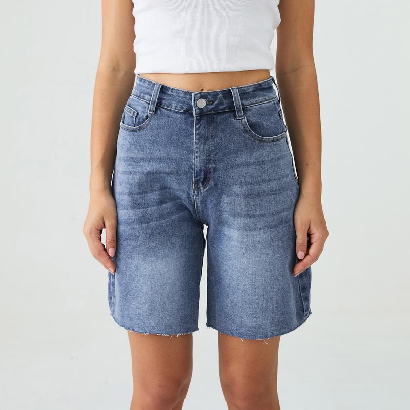 Baggy Bermuda Denim Shorts — Mid-Rise, Raw Hem, Vintage Fit