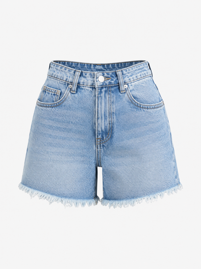 High-Waist A-Line Denim Shorts — Relaxed Fit with Raw Hem