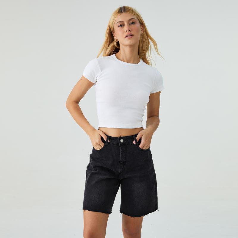 Baggy Bermuda Denim Shorts — Mid-Rise, Raw Hem, Vintage Fit