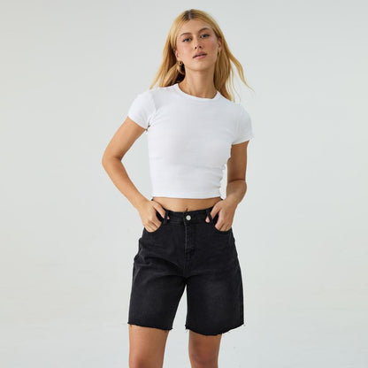 Baggy Bermuda Denim Shorts — Mid-Rise, Raw Hem, Vintage Fit