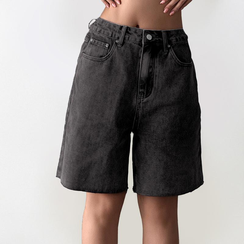 Baggy Bermuda Denim Shorts — Mid-Rise, Raw Hem, Vintage Fit